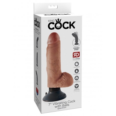 Кофейный вибратор с мошонкой и съемной присоской 7" Vibrating Cock with Balls - 17,8 см.